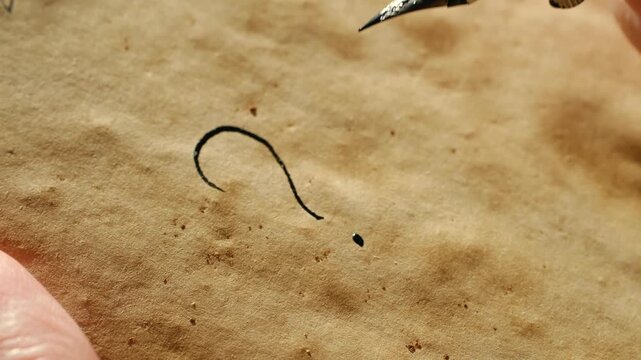 Vintage scene hand writing question mark symbol with black ink on old parchment paper, using classic nib pen in highlighting details of calligraphy art. Calligrapher writing question mark symbol