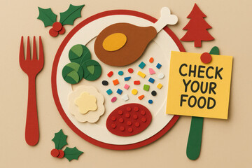 Paper cut Christmas dinner concept shows holiday food with microplastic contamination. warning sign about food safety raises awareness about serious health issue