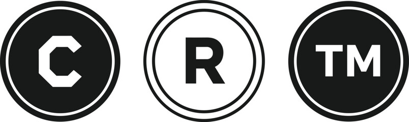 Copyright Trademark and Registered Symbol Icons in Circles vector illustration