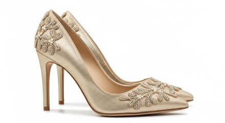 Fototapeta premium Elegant gold glitter high heels with embellishments, isolated on white background
