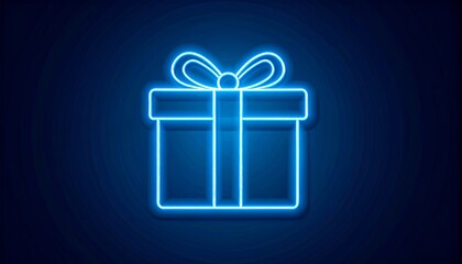 Glowing blue neon gift box icon with a ribbon and bow on a dark blue background.