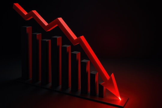 Red falling arrow piercing dark bar chart. This dramatic concept visualization shows financial crisis, global recession, economic failure and downward market trend