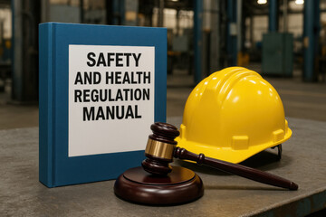 Serious display of safety and health regulation manual, yellow hard hat, and gavel in an industrial workplace, symbolizing legal compliance and protection