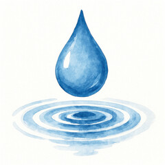 Fototapeta premium Blue water droplet creates beautiful circular ripples serene surface. This refreshing watercolor illustration, against pristine white background, evokes sense of purity, calm, and natural elegance