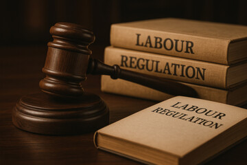 Wooden judge gavel beside labour law regulation book on desk. Authoritative concept representing justice, order, and legal system in vintage courtroom setting