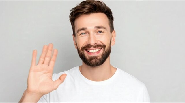Friendly Man Waving Goodbye with Warm Smile Close-Up