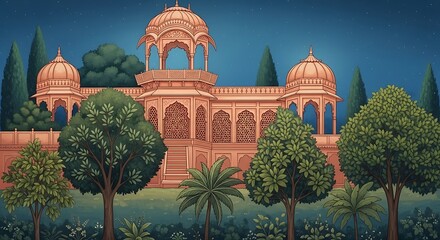 Traditional Mughal garden scene in Pichwai style featuring peacock and arches, designed for wallpaper
