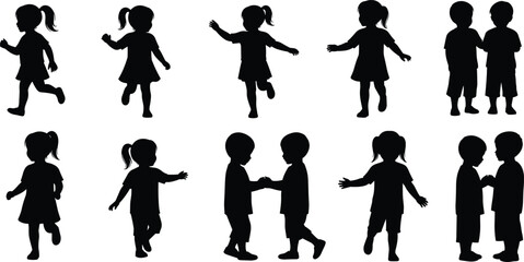 Group of Children Silhouettes in Various Playful Poses on White Background kids black and white