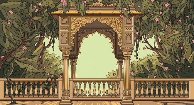 Traditional Mughal garden scene in Pichwai style featuring peacock and arches, designed for wallpaper
