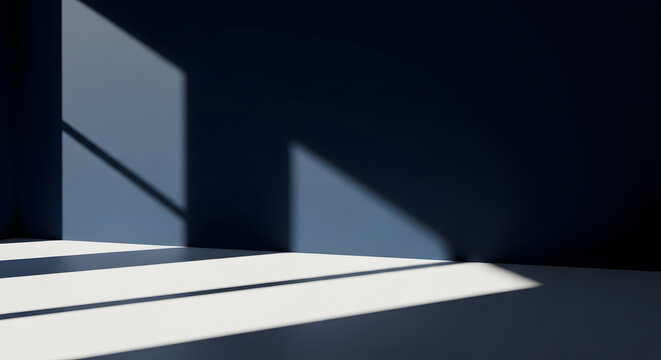Abstract Minimalist Blue Wall and White Floor with Sunlight Shadows Background