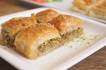 Delicious turkish baklava with layers of pastry and nuts