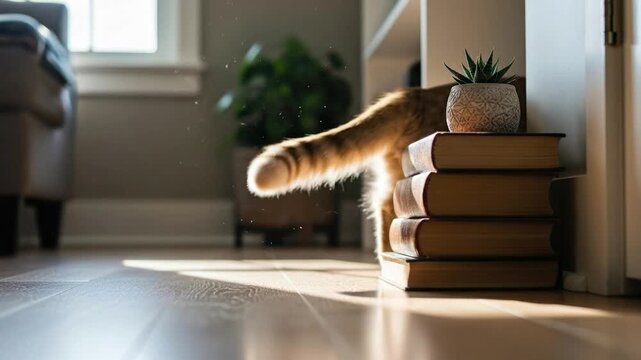 Cat exploring a domestic interior with books and sunlight