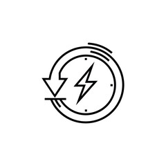 “Line art icon of a clock merging into a lightning bolt forming a loop, symbolizing time-energy cycle, minimal black outline, white background.”