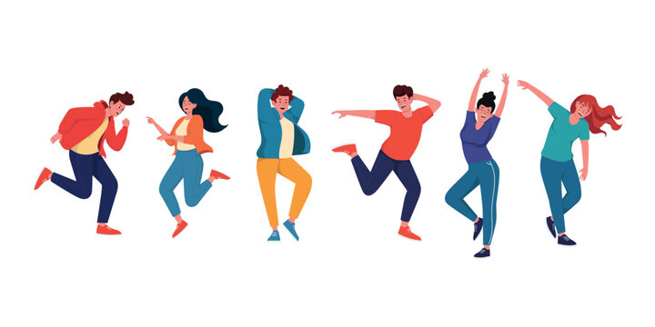 Flat style illustration of diverse people dancing with joyful energy colorful outfits and expressive poses showing fun movement perfect for themes of celebration teamwork lifestyle and happiness now