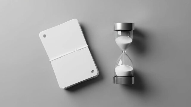 Hourglass and notepad on grey surface concept of time management