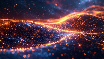 Luminous orange and blue particle waves forming an abstract digital landscape with a bokeh effect.