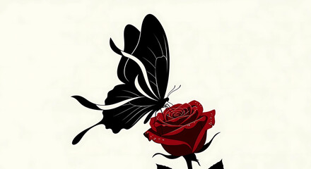 Butterfly on a red rose isolated on white background, a beautiful illustration