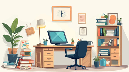 A comparison illustration showing two workspace environments: a cozy, personalized home office on the left versus a structured, organized corporate office setting on the right.