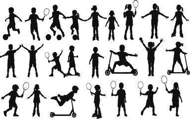 Diverse children silhouettes engaged in various sports and activities kids