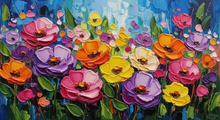 A vibrant textured field of colorful abstract flowers