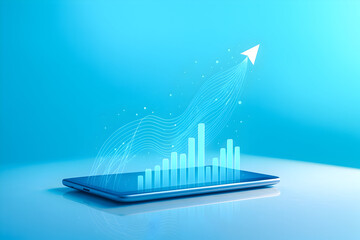 Mobile business growth analytics on blue background