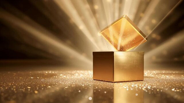 Gold gift box in luxury in shiny spotlight.Celebration and giving festival event concepts