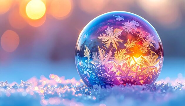 Magical frozen soap bubble with intricate ice crystals glowing in the warm light of a winter sunset.