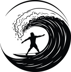 Silhouette of surfer riding a large breaking wave in a circular design surfer silhouette surfing