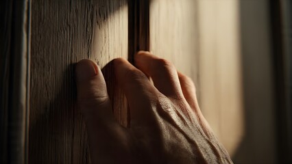 A close-up shot of a human hand gently touch on a wooden door.