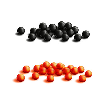 Set of black and red two piles fish caviar realistic 3d vector, shiny gourmet delicacy roe isolated on white background for menu or luxury seafood packaging mockup.