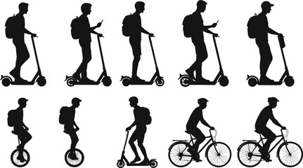 Silhouettes of people riding electric scooters unicycles and bicycles person male © Shamimara creative 