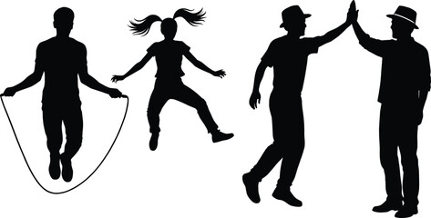 Silhouettes of people jumping rope and giving high fives vector