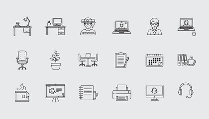 Minimal Office Icon Set &ndash; Editable Line Icons of Briefcase, Desk, Computer, Workspace, Laptop, Projector & Whiteboard Vector