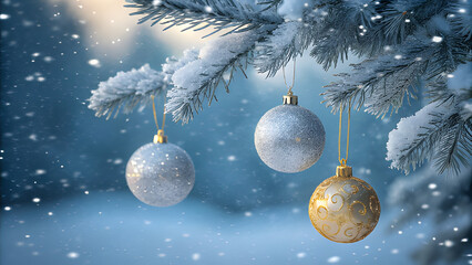 Capture the magic of winter with these shimmering Christmas ornaments hanging from snow-covered pine branches, perfect for evoking holiday cheer and festive spirit during the Christmas season