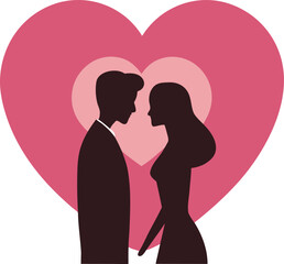 Couple holding hands in silhouette against a large pink heart shape with concentric hearts behind them isolated on white background.