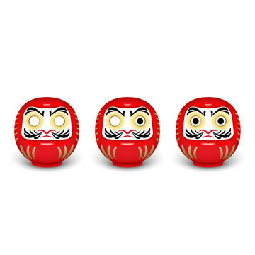 Set of three red daruma dolls realistic 3d vector illustration isolated on white background front view, showing goal setting process with one eye and two eyes, japanese traditional amulet mockup.