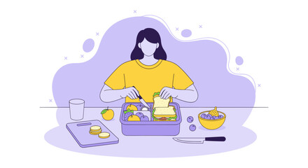 A faceless woman prepares a healthy lunchbox with fresh ingredients and fruits, promoting wellness and mindful eating habits in a modern lifestyle.