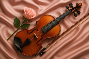 Fototapeta premium Classic Wooden Violin and Bow with a Pink Rose on Soft Pink Satin Silk Background