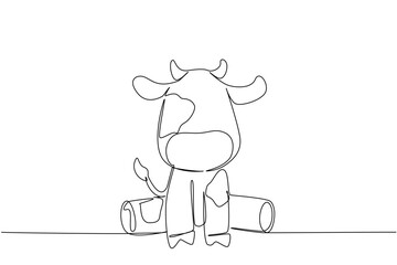 One line drawing of a cute baby cow sitting with spotted body and tiny hooves, a nature concept for cute wild animals cartoon sitting, ideal for nursery posters, stickers, and cheerful kids branding