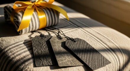 Thoughtful present and three blank tags on soft fabric