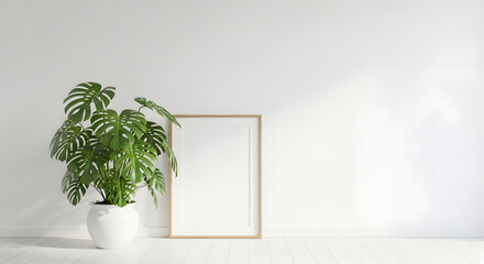 Modern Minimalist Interior with Monstera Plant and Frame Background