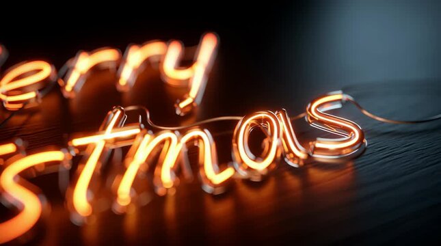 Merry christmas neon sign glowing warm holiday lights glowing script dark wooden surface with shallow depth of field warm festive mood bright orange