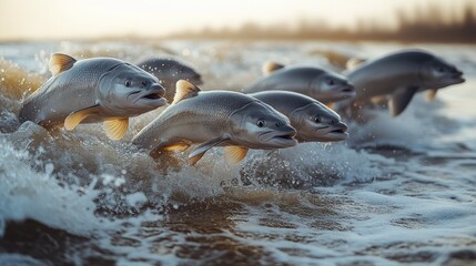 Obraz premium Salmon leap through river waves