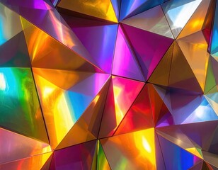 Abstract, geometric artwork featuring a dazzling array of colors and shapes. The reflective surfaces create a dynamic display of light and shadow, resulting in a vibrant and modern visual experience.