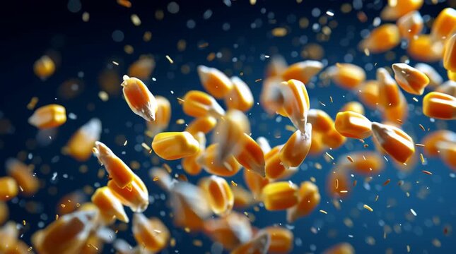 Golden corn kernel scattering air with motion blur falling grain maize seed popcorn kernel scattered seed close up dramatic lighting food photography