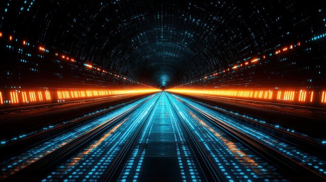 Sci-fi tunnel, glowing lights, digital path - Powered by Adobe