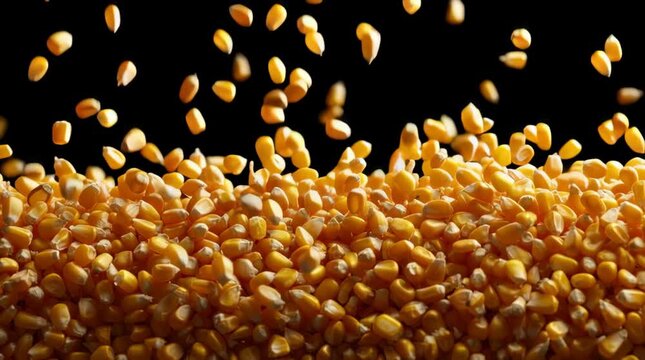 Golden corn kernel scattering in motion over black background, grain and popcorn pile in dynamic falling motion, lively texture of corn kernels