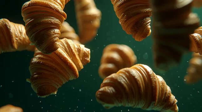 Golden flaky croissant loaf floating soft green bokeh light with warm pastry layers and crumbs creating dreamy shallow motion and gentle depth