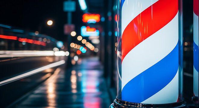 Barber Pole with Red White and Blue Stripes in Urban Setting. - Powered by Adobe