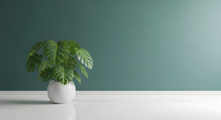 Modern Monstera Plant and Teal Wall Minimalist Interior Background